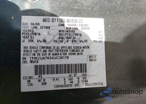 2004 Ford Explorer Sport Trac Adrenalin/Xls/Xlt from USA, damaged, VIN 1FMZU67K54UC30178